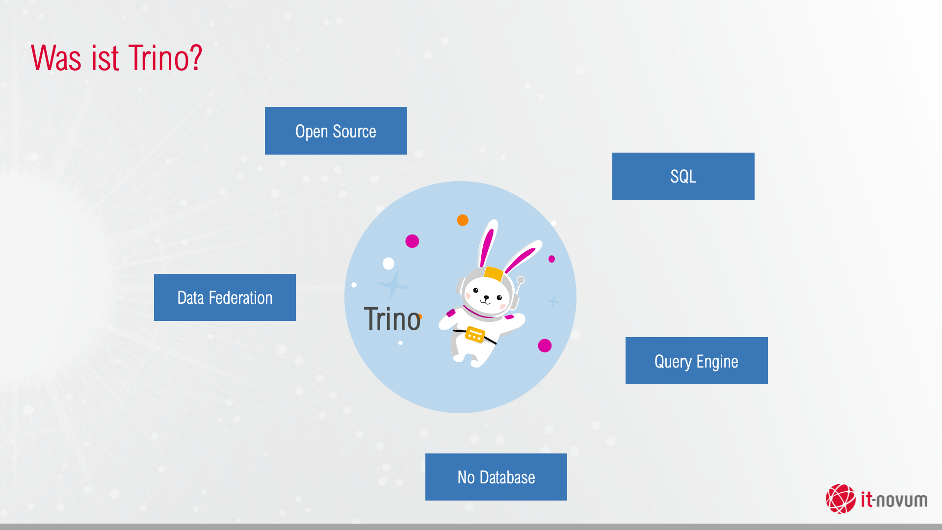 Lunch Break<br>Datenlandschaften vereinheitlichen: Trino als Wegbereiter für zentrale Datenanalysen 12 Was ist Trino